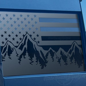 Fits 2019-2025 Chevy Silverado Rear Middle Sliding Window American Flag Mountain Tree Outdoor Decal Sticker