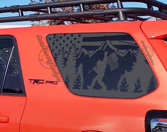Fits 2010-2024 Toyota 4RUNNER Rear Side Window Sasquatch Bigfoot Distressed American Flag Mountain Tree Outdoor Decal Sticker