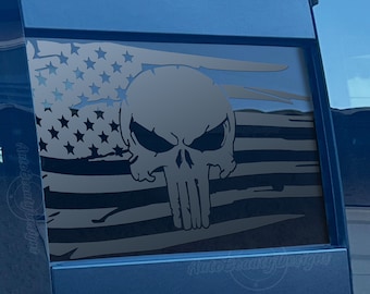 Fits 2019-2026 GMC Sierra Rear Middle Sliding Window Distressed American Flag Punisher Decal Sticker