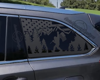 Fits 2014-2019 Toyota Highlander Rear Side Window Sasquatch Bigfoot Distressed American Flag Decal Sticker