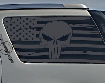 Fits 2007-2014 GMC Yukon Rear Side Window Punisher Distressed American Flag Decal Sticker