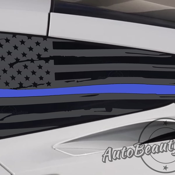 Fits 2014-2019 Chevrolet  Corvette C7 Corvette Rear Side Windows Distressed American Flag Red Blue Thin Line Decal Sticker