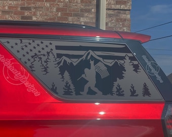 Fits 2021-2026 Chevy Tahoe Rear Side Window Sasquatch Bigfoot Distressed American Flag Mountain Tree Decal Sticker