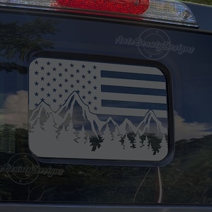 Calcomanía para ventana corrediza trasera central de Ford Ranger 2018-2025 con diseño de bandera estadounidense, árbol de montaña y exterior.
