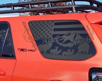 Fits 2010-2024 Toyota 4RUNNER Rear Side Window American Flag Mountain Tree Deer Elk Decal Sticker