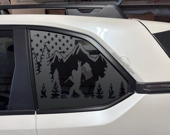 Fits 2025-2026 Subaru Forester Rear Side Window Sasquatch Bigfoot Distressed American Flag Decal Sticker
