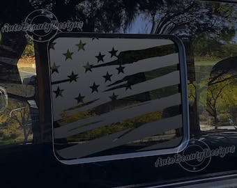 Fits 2015-2026 Ford F150 (17-26 F250 F350) Rear Middle Sliding Window Distressed American Flag Decal Sticker black