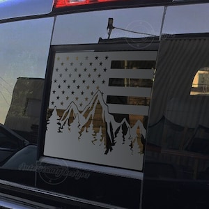 Fits 2007-2013 GMC Sierra Rear Middle Sliding Window American Flag Mountain Tree Outdoor Decal Sticker