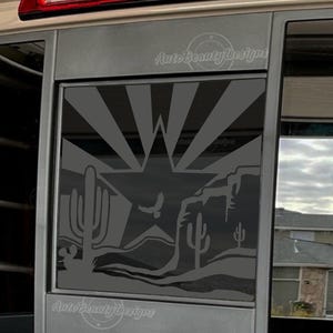 Fits 2013-2025 Nissan Frontier Rear Middle Sliding Window Arizona Flag Desert Cactus Decal Sticker