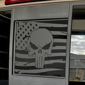 Fits 2013-2025 Nissan Frontier Rear Middle Sliding Window Distressed American Flag Punisher Decal Sticker