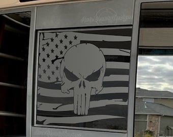 Fits 2013-2026 Nissan Frontier Rear Middle Sliding Window Distressed American Flag Punisher Decal Sticker