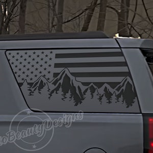 Fits 2015-2020 Chevy Tahoe Rear Side Window American Flag Mountain Tree Outdoor Decal Sticker