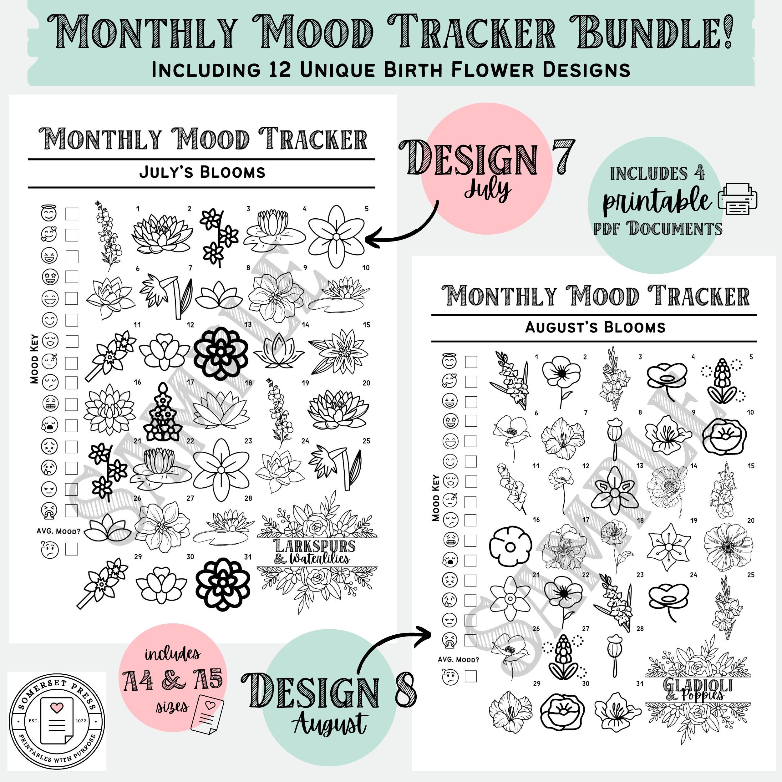 Birth Flower Monthly Mood Tracker Printable Bujo Feelings Chart Undated ...