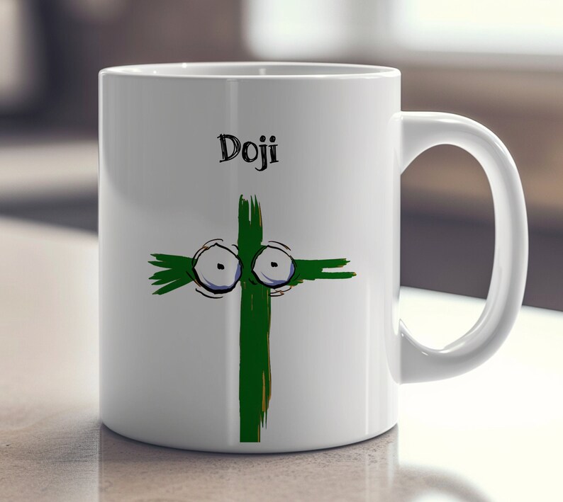 May include: White ceramic mug with a green cross design featuring cartoon eyes and the word "Doji" in black. The mug has a curved handle and is suitable for hot or cold beverages.