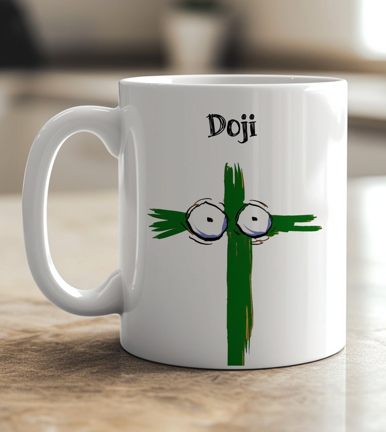 May include: White ceramic mug with a whimsical green cross design featuring cartoon eyes and the word "Doji" in black script. The mug has a curved handle and is suitable for hot or cold beverages.