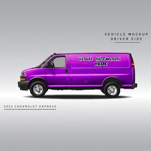 Op de afbeelding: Een paarse Chevrolet Express bestelwagen uit 2023 met de tekst "YOUR ARTWORK HERE" aan de zijkant.