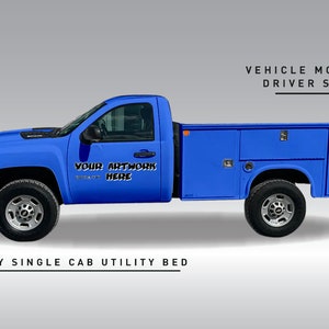 May include: A blue Chevy single cab utility bed truck mockup with the text "YOUR ARTWORK HERE" on the side.  The truck is on a gray background.  VEHICLE MOCKUP DRIVER SIDE.