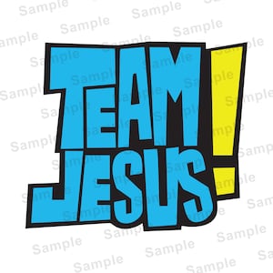 Peut inclure: Un design graphique bleu et jaune avec le texte "TEAM JESUS!" en lettres noires grasses.