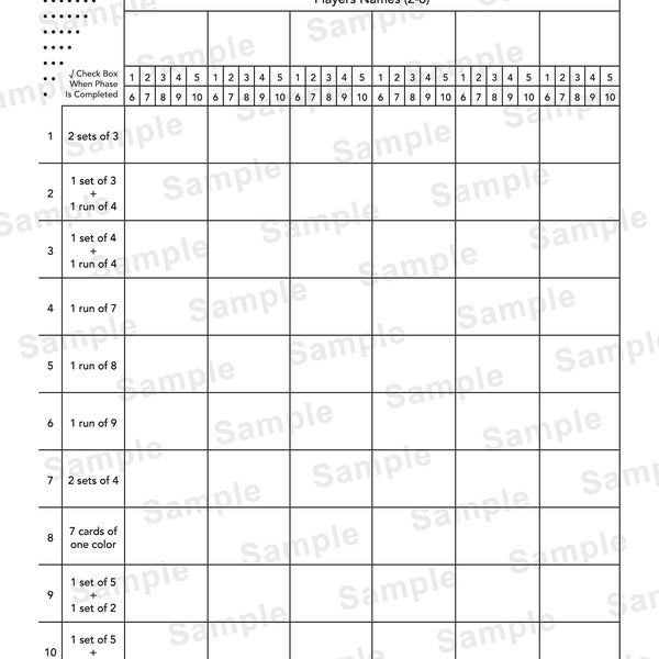 Phase 10 Game Sheet, Score Sheet Players 2-6, Game Night Printable Instant Download, Letter Orientation, Print at Home, Family Night, Games