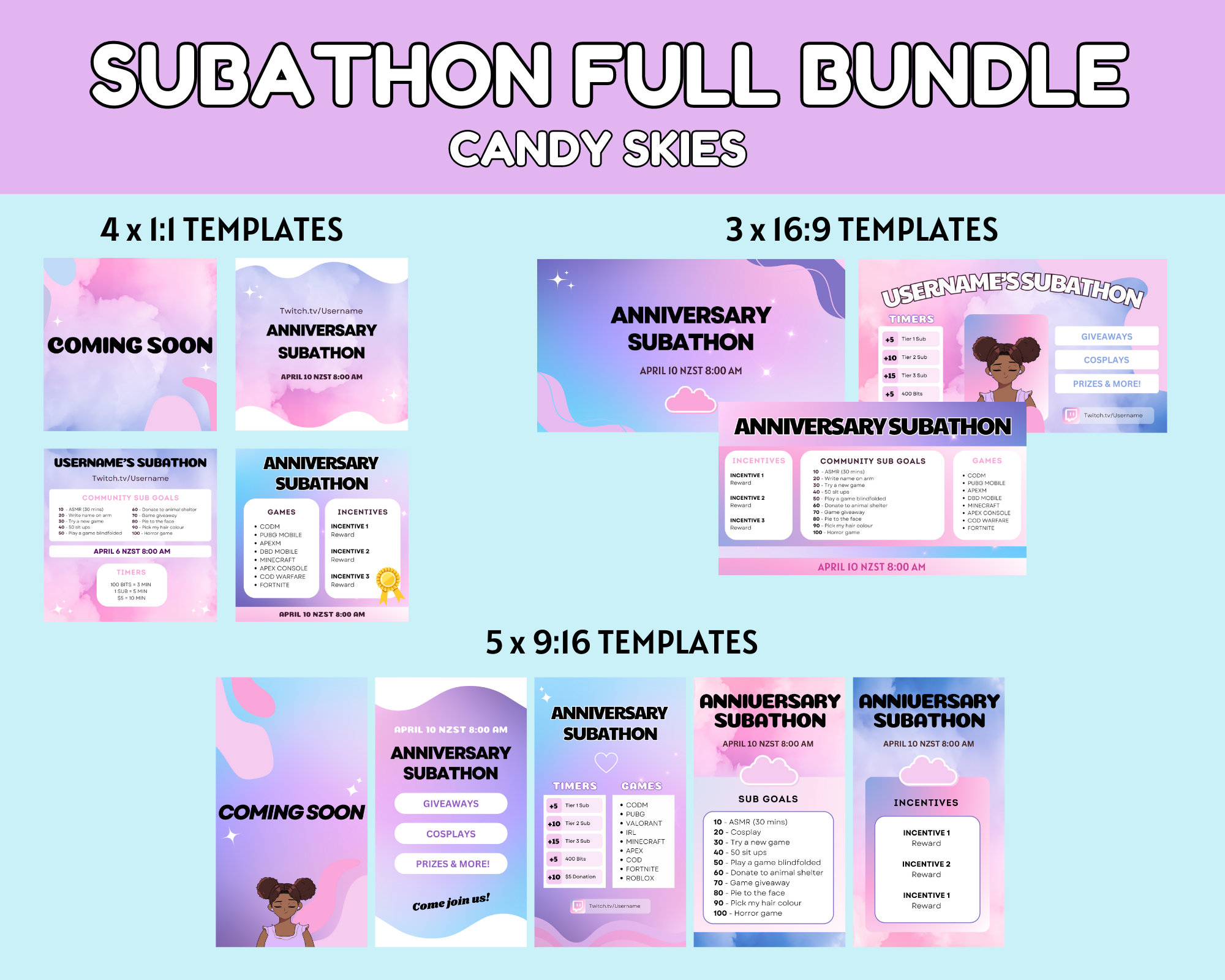 TWITCH SUBATHON Template Social Media Full Bundle Candy Skies Aesthetic
