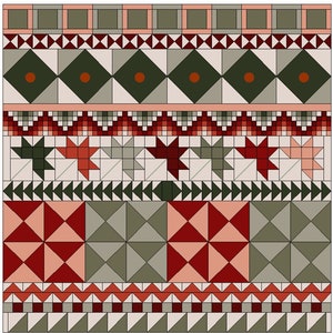 May include: A geometric pattern quilt with a red, green, and white color scheme. The quilt features a variety of geometric shapes, including squares, triangles, and diamonds.