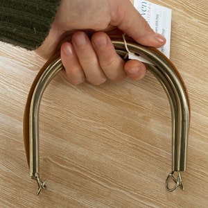 Vintage metal and vinyl handbag or purse handles, arch shape, brown, small