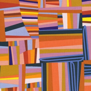 May include: Abstract geometric pattern fabric featuring a patchwork design. The fabric showcases a variety of colors, including orange, brown, blue, purple, and yellow, arranged in horizontal and vertical stripes and shapes. The design creates a visually dynamic and textured appearance.