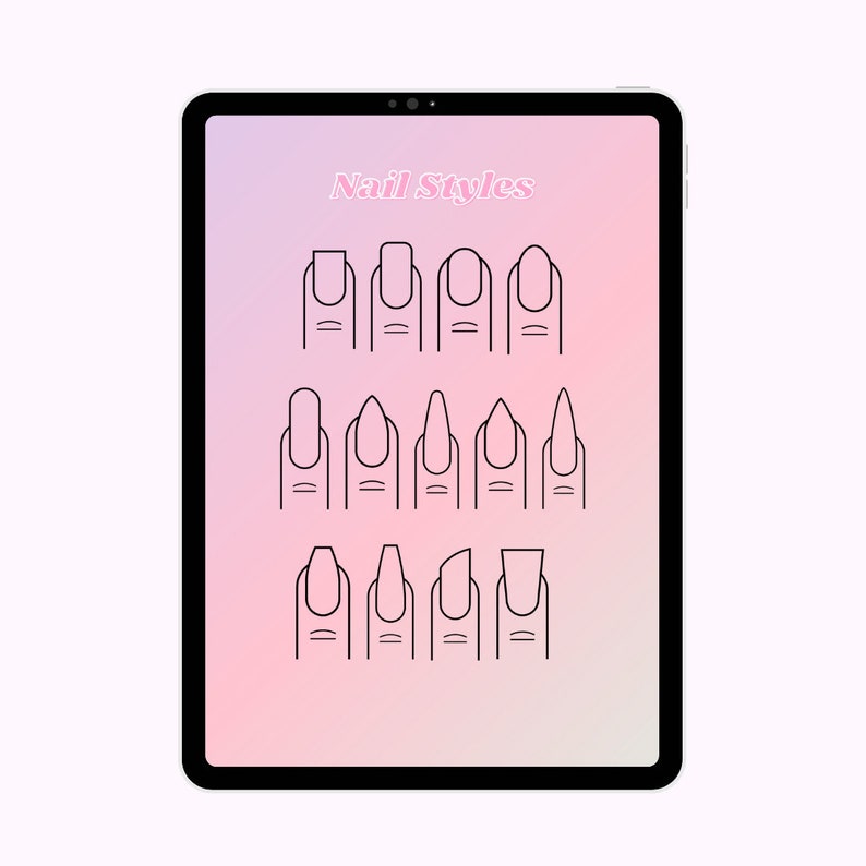 May include: A tablet screen displaying a graphic of different nail shapes with the text "Nail Styles" at the top. The nail shapes include square, oval, almond, stiletto, coffin, and round.