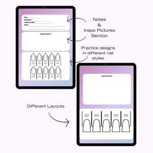May include: A digital planner template for nail technicians. The template includes sections for notes, inspiration pictures, and practice designs. The template also includes a section for different nail layouts.