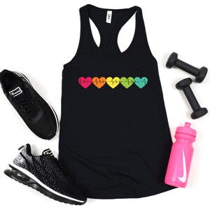 Heartlines Fitness Racerback Tank∙Cute Gym Tank for Women∙Workout Shirts for Women∙Trendy Graphic Tank∙Rainbow Hearts with EKG Lines∙Fitness