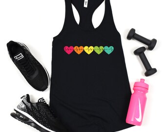 Heartlines Fitness Racerback Tank∙Cute Gym Tank for Women∙Workout Shirts for Women∙Trendy Graphic Tank∙Rainbow Hearts with EKG Lines∙Fitness