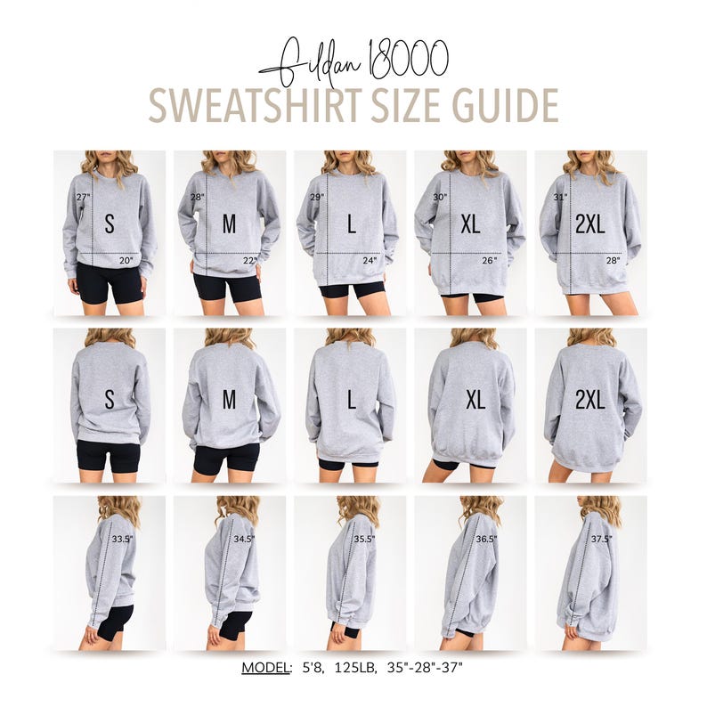 Puede incluir: Una gu&iacute;a de tallas para sudaderas Gildan 18000. La gu&iacute;a muestra m&uacute;ltiples vistas de una sudadera gris en tallas S, M, L, XL y 2XL. Las medidas se proporcionan en cm para cada talla, incluyendo pecho, largo y largo de manga. La modelo mide 173 cm y pesa 57 kg.