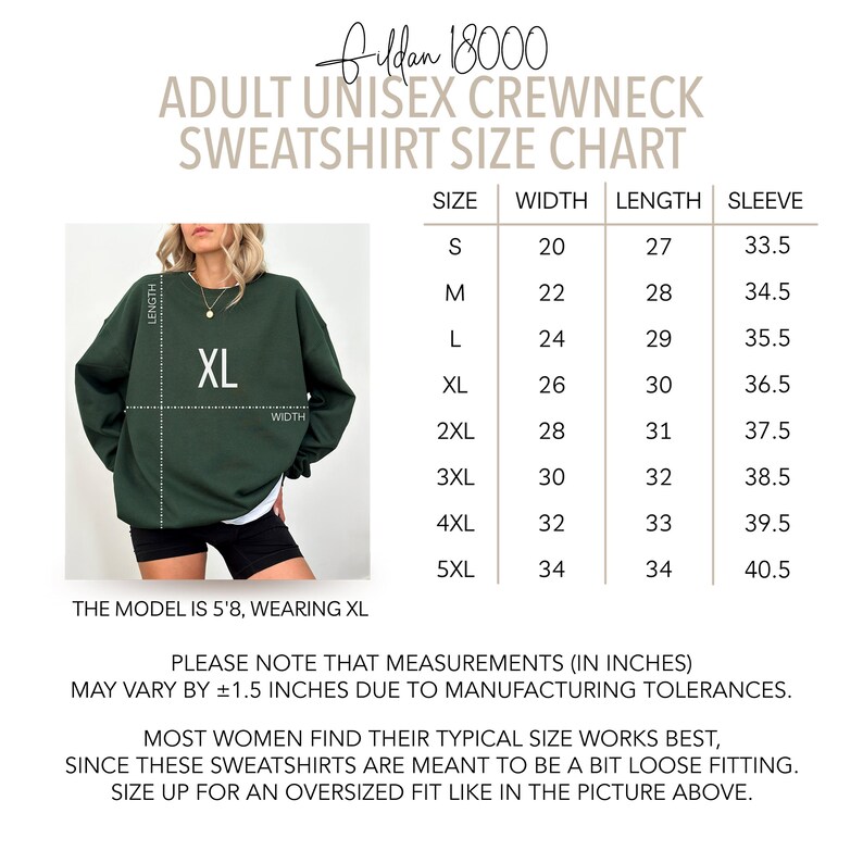 Puede incluir: Tabla de tallas para sudaderas unisex de cuello redondo Gildan 18000 para adultos. La tabla muestra las medidas en pulgadas para las tallas S a 5XL. Se muestra un modelo que lleva una sudadera XL.
