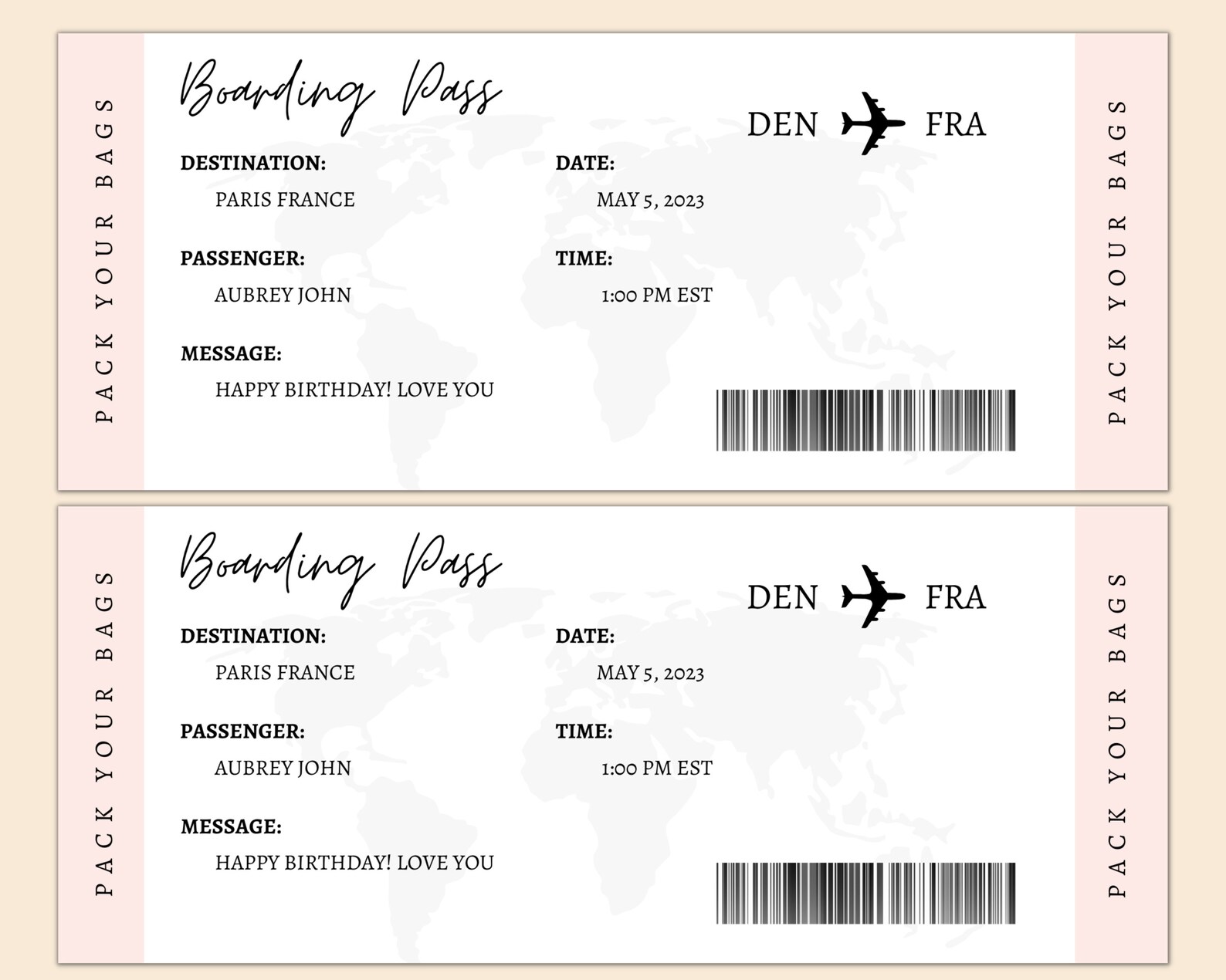 EDITABLE Boarding Pass- Pack Your Bags Canva Template | Printable ...