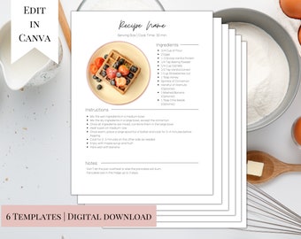 Modern Recipe Template | Clean Simple Cookbook Template | 6 Pages 8 x 11.5 | Classic Recipe Template | Customizable Kitchen Recipe Pages
