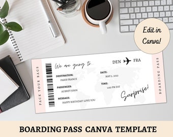 EDITABLE Surprise Boarding Pass Canva Template | Printable Airline Ticket | Surprise Airline Gift | Vacation Ticket | Boarding Pass Trip