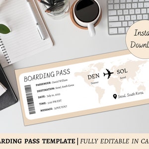 May include: Editable boarding pass template with a world map background. The template includes fields for passenger name, destination, date, time, and a message. The text "Instant Download" is visible in the upper right corner of the image.