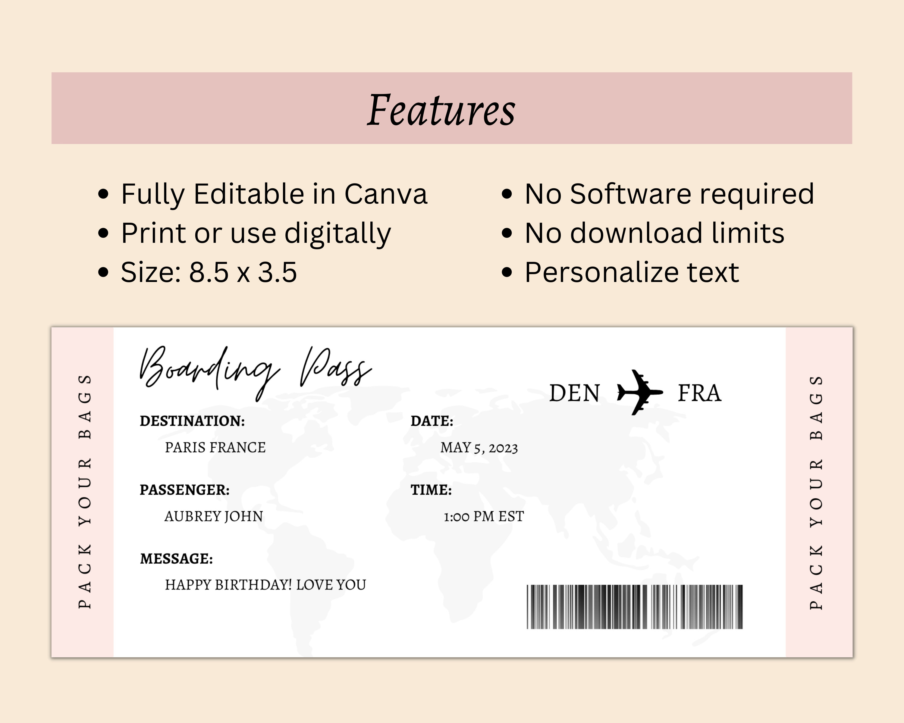 EDITABLE Boarding Pass- Pack Your Bags Canva Template | Printable ...