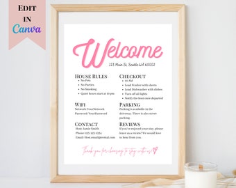 Pink Editable Airbnb Welcome Sign | Printable Vacation Rental Sign | Welcome Sign for Airbnb Hosts | Customizable Welcome Sign for VRBO