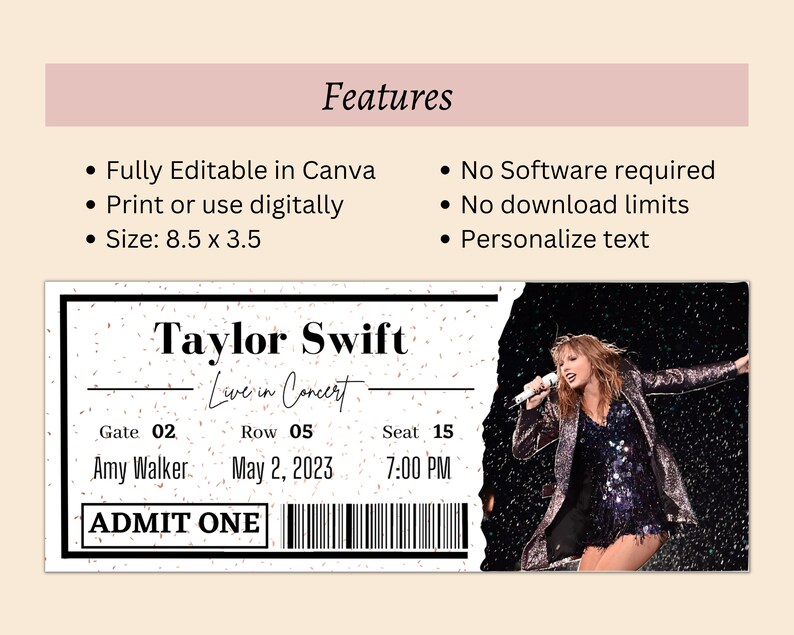 EDITABLE Concert Ticket Canva Template Concert Memorabilia Personalized 