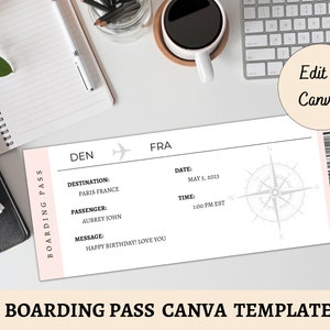 Plantilla Canva de billete de avión EDITABLE / Billete de avión falso imprimible / Regalo de viaje sorpresa / Escapada de vacaciones / Viaje sorpresa con tarjeta de embarque