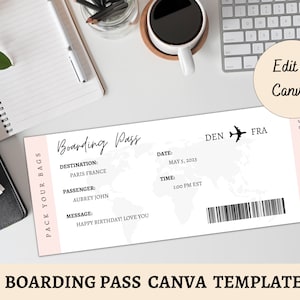 Tarjeta de embarque EDITABLE- Empaca tus maletas Plantilla Canva / Boleto de avión imprimible / Vacaciones / Personalizar boleto / Viaje sorpresa