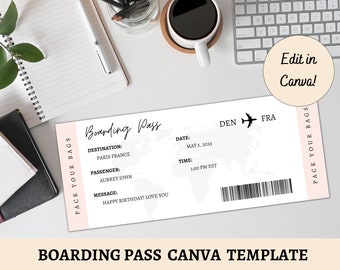 EDITABLE Boarding Pass- Pack Your Bags Canva Template | Printable Airplane Ticket | Holiday Vacation | Personalize Ticket | Surprise Trip