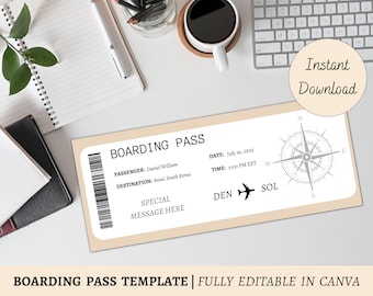 Plantilla Canva de tarjeta de embarque simple editable / Boleto de avión imprimible / Regalo de viaje sorpresa / Boleto de vacaciones / Viaje sorpresa de tarjeta de embarque