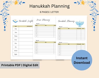 May include: Printable Hanukkah planning pages with a blue and yellow color scheme. The pages include sections for planning activities, food, gifts, and a budget for each night of Hanukkah.