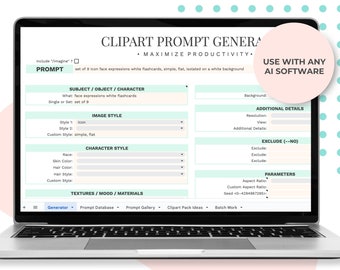 Clipart Prompt Generator use with any AI Image Generator: Midjourney, Dalle etc, Comes w/ ChatGPT Prompt for Clipart Pack Ideas + Batch Work