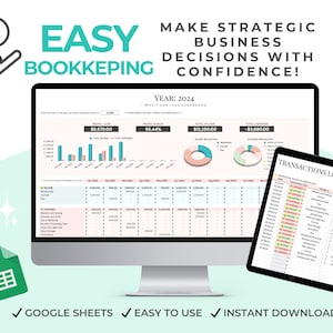 Easy Bookkeeping Template Income and Expenses Tracker, Simple Business Planner For Small Business, Profit Loss Report Finance Spreadsheet
