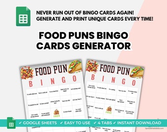 Food Puns Bingo Cards, Bingo Generator, Kids Party Game, Funny Party Game, Printable Games, Bingo Cards, Kids Bingo, Google Sheet
