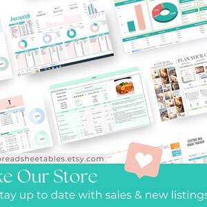 May include: A collage of images showcasing various digital spreadsheets and printable templates for planning, budgeting, and tracking. The images feature colorful charts, graphs, and tables with headings like "January", "Plan Your Content", and "Electric Bill Usage Tracker". The text "shopspreadsheetables.etsy.com" and "Like Our Store" are displayed at the bottom of the image.