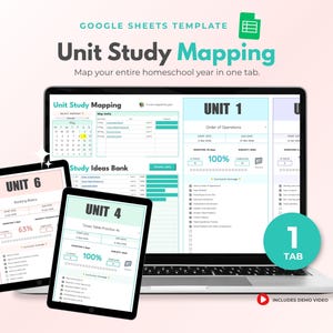 May include: A laptop and two tablets displaying a Google Sheets template for unit study mapping. The text reads "Unit Study Mapping" and "Map your entire homeschool year in one tab." The tablets show "Unit 6" and "Unit 4" with progress percentages. A teal circle says "1 TAB".